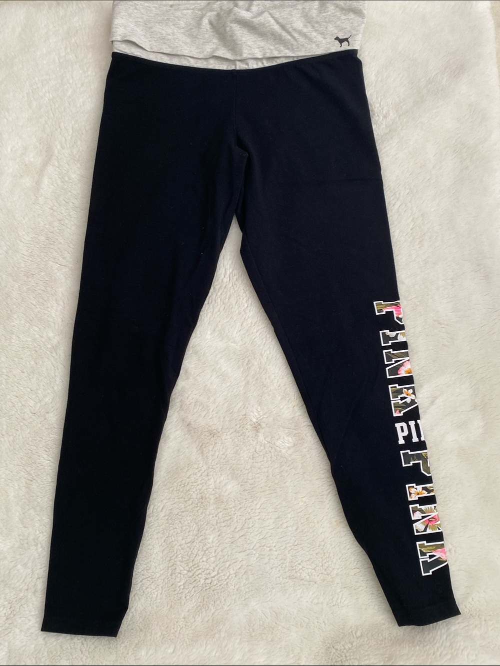 PINK Victoria's Secret Black Leggings with Floral Multicolor Side Logo